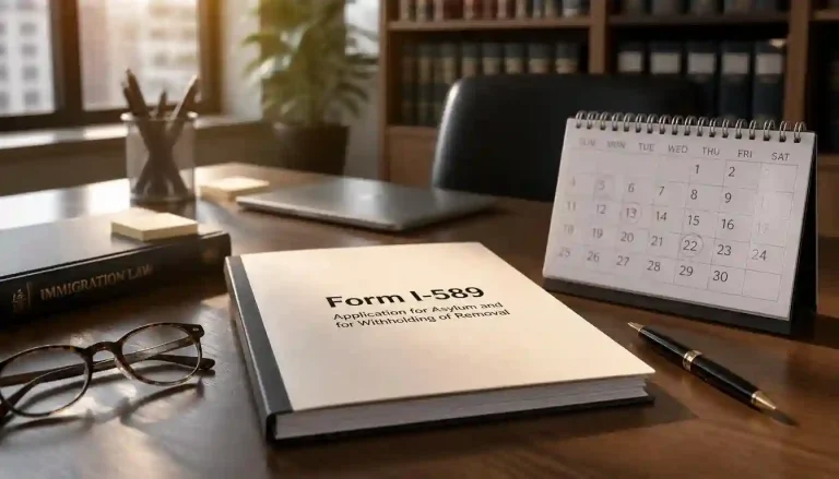 A professional desk setup showing an asylum application Form I-589 and a calendar representing the affirmative asylum application process timeline
