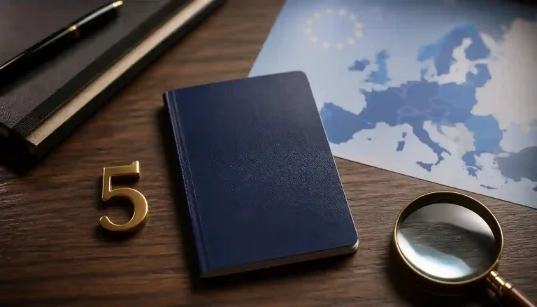 A closed dark blue official passport on a desk with a golden number 5 emblem, representing the 5 year multiple entry Schengen visa application.