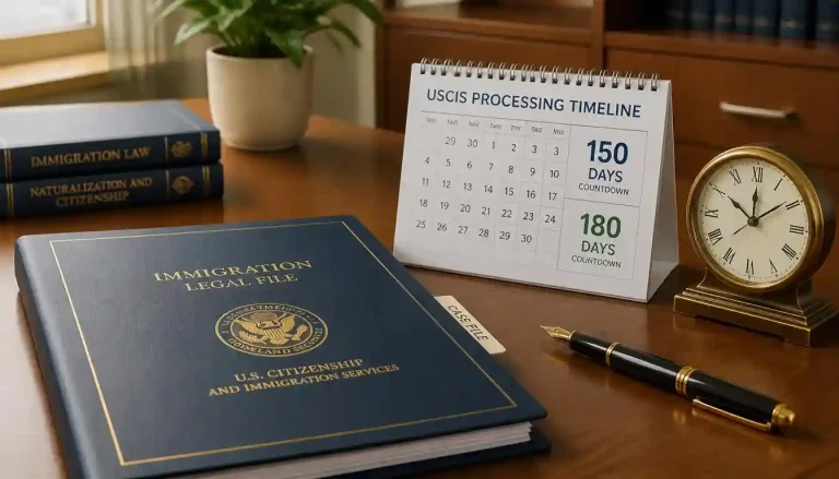 Legal paperwork and a calendar showing countdown timeline for asylum applicant work permit clock rules on an office desk