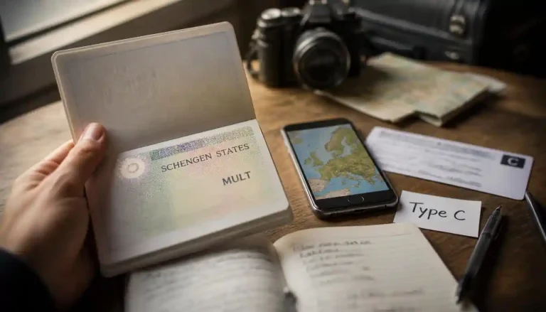 A traveler checking an open passport with a multiple-entry (MULT) Schengen visa to answer can I enter Schengen area multiple times with Type C visa.