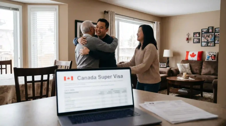 A laptop screen displaying Canada super visa income requirements lico table with an elderly parent and adult child in the background