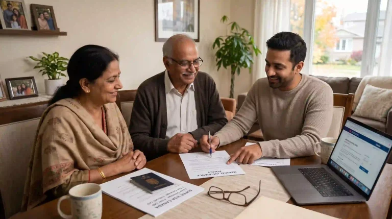 South Asian parents and their adult son in Canada reviewing mandatory 1-year super visa medical insurance requirements on a table with a passport and laptop