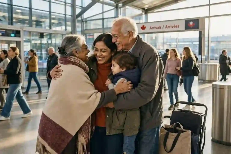 An emotional family reunion at a Canadian airport with elderly parents reuniting with their daughter and grandchild, highlighting the Canada Super Visa processing time and arrival.