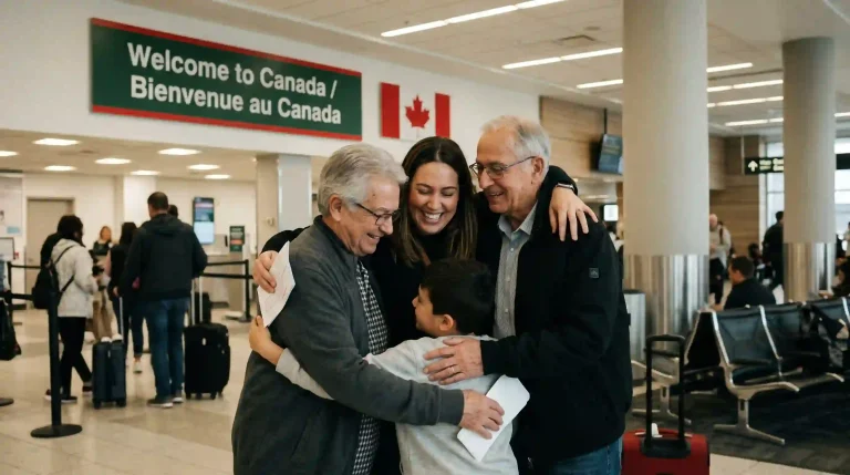 An emotional family reunion at a Canadian airport with a 'Welcome to Canada' sign, showing parents reuniting with their family under the Canada Super Visa requirements for parents.