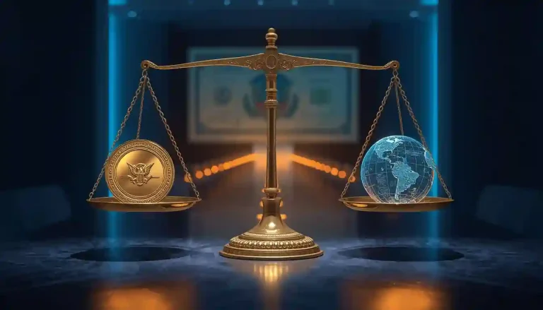 A golden scale of justice illustrating the core difference between EB1A and EB2 NIW visa categories by balancing past extraordinary achievements with future national interest.