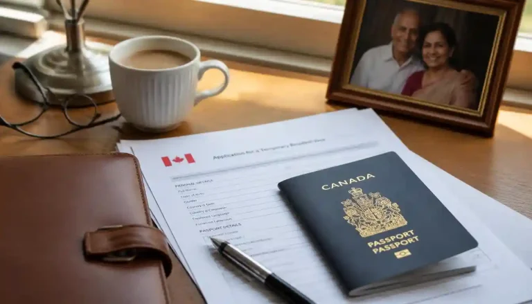 A complete checklist of documents required for Canada super visa for parents on a desk with a passport and insurance papers