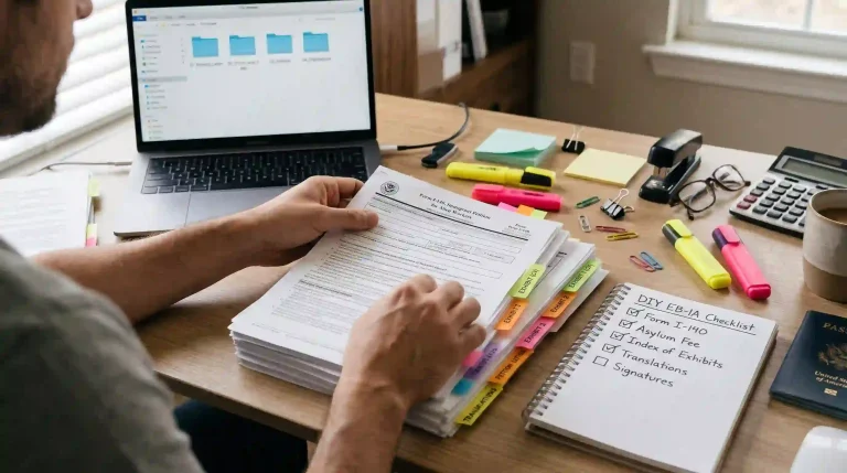 A candid photograph of a self-petitioner organizing heaps of legal paperwork, forms, and labeled exhibits to show how to get an EB-1A Green Card without a lawyer, as highlighted by an on-desk DIY checklist.