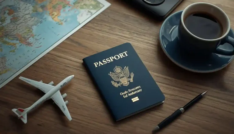 A closed passport on a desk with a map of Europe and travel essentials for a Schengen visa trip.