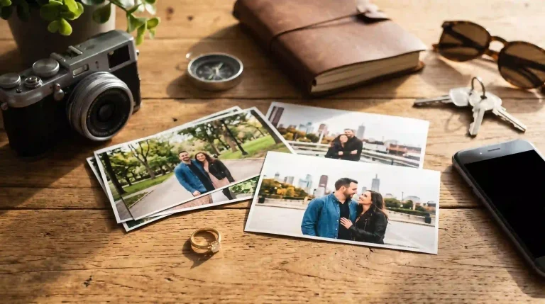 Travel photos of a couple, a camera, a notebook, and an engagement ring on a wooden table, representing how to prove bona fide relationship for k1 visa.