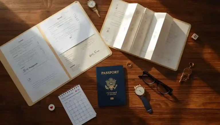 A meticulously organized US Embassy interview preparation setup for the K1 Fiance Visa, with a passport, accordion folder, checklist forms, and gold rings on a natural wood desk