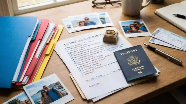 Complete k1 fiance visa requirements and document checklist showing organized folders, US passport, and wedding rings.