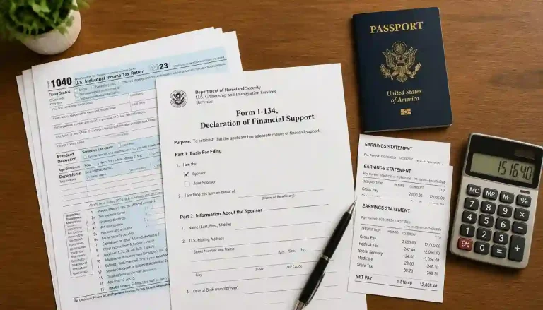 Gathering document files for k1 visa income requirements form i-134 including IRS Form 1040 tax returns, the Form I-134 Declaration, a US passport, pay stubs, and a calculator on a wooden desk.