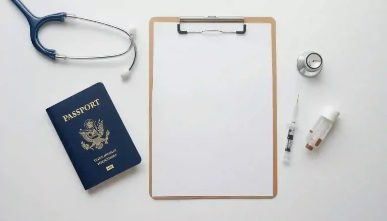 A stethoscope and a blank passport on a clinic desk representing k1 visa medical exam requirements overseas.