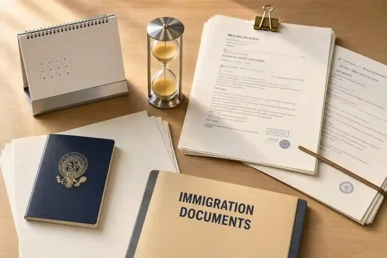 Detailed k1 visa processing time and timeline showing a calendar, US passport, and clock on a desk.