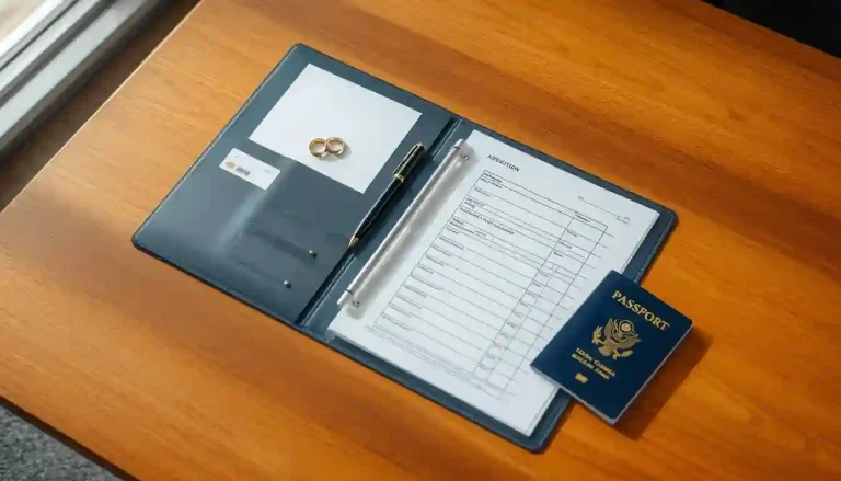 A green card application folder on a desk representing the k1 visa to green card adjustment of status process.