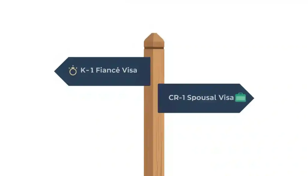 A conceptual illustration comparing the K1 visa vs CR1 spousal visa routes, highlighting costs, timelines, and immigration options for couples.