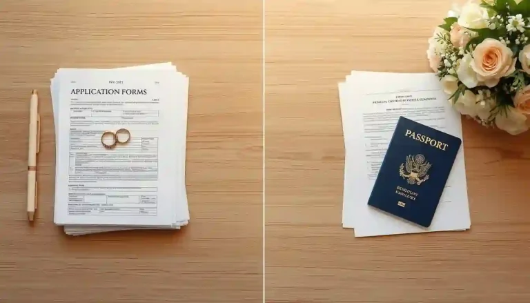A side-by-side comparison of k1 visa vs cr1 spousal visa application forms on a wooden desk.