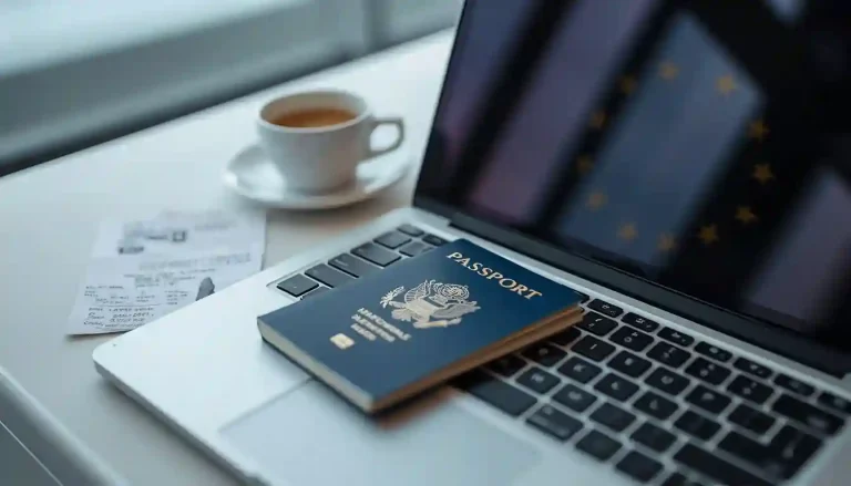 Multiple entry Schengen visa for business travelers on an airport desk with a laptop and passport