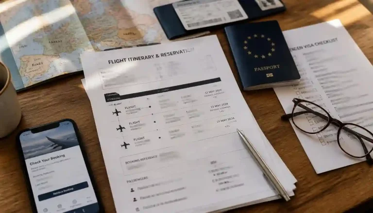 Preparing documents for a Schengen tourist visa flight itinerary and dummy ticket rules verification, showing flight reservations on a desk with a passport and flight status checking screen.