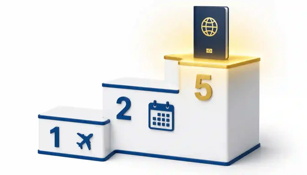 An infographic illustration showing the Schengen visa cascade rule steps starting from a 1-year airplane trip, to a 2-year travel history, reaching the 5-year passport reward.