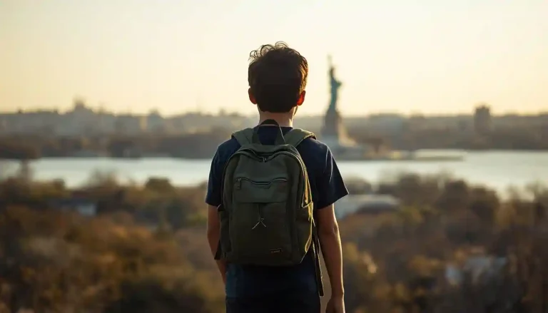 A young person carrying a backpack looks out towards the Statue of Liberty at sunrise, representing the pathway to meeting special immigrant juvenile status requirements.